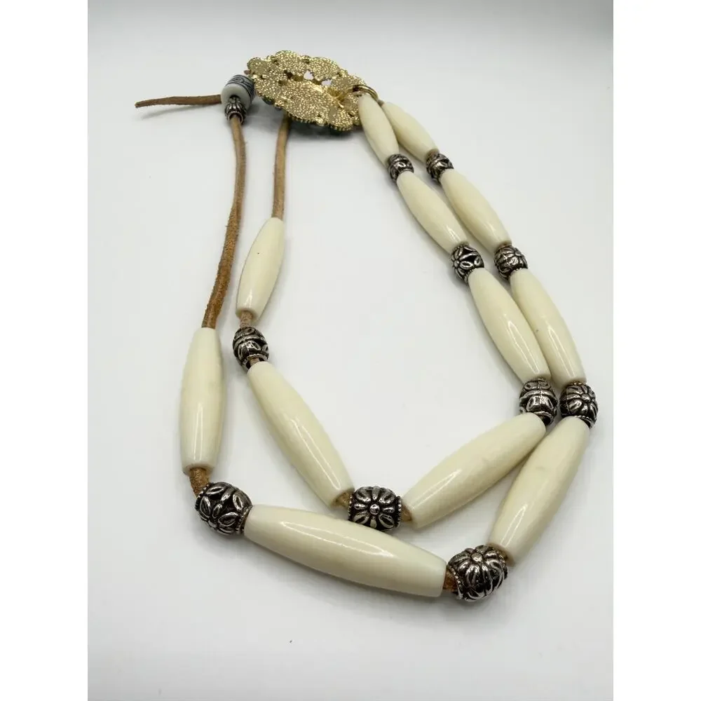 Western Turquoise Statement Pendant Necklace Adjustable Ivory Beads